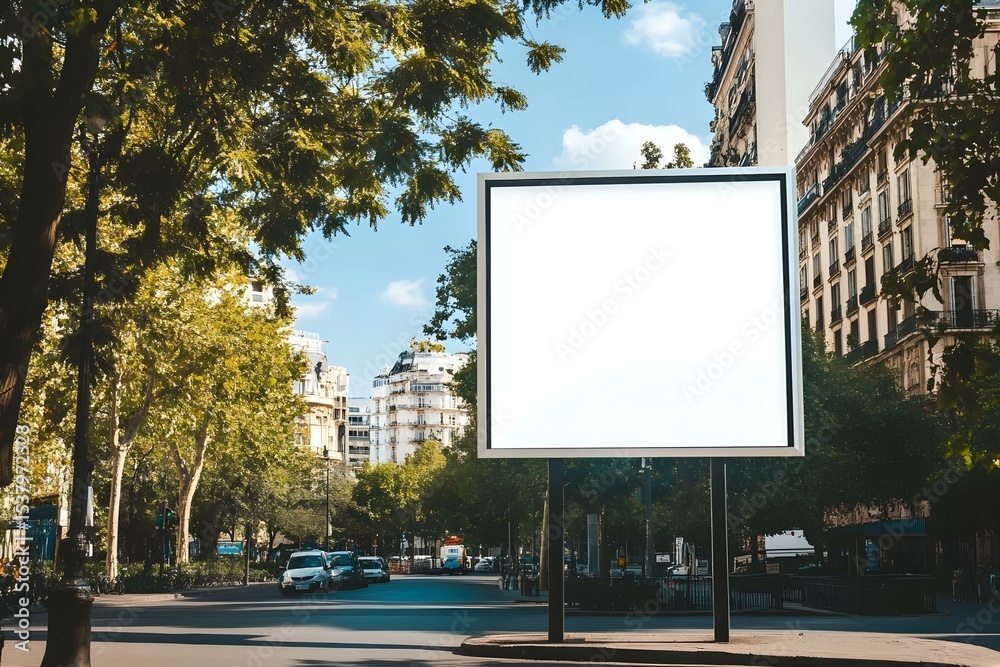 Fototapeta premium Blank Billboard on City Street Mockup with Trees and Urban Scenery: Prime Outdoor Advertising Space