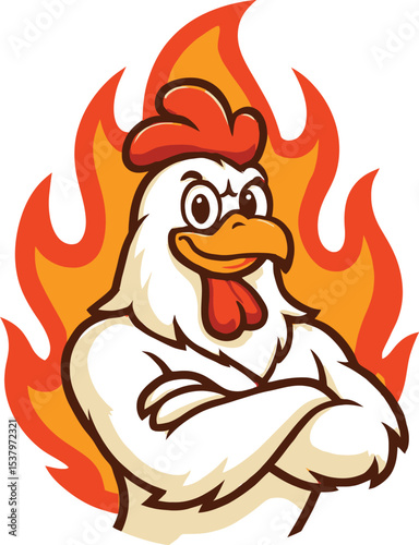 Vector funny cartoon chicken logo with flames