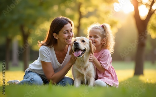 Park, mother and girl with dog, smile and sunshine with weekend break, happiness and nature. Family, single parent and mama with daughter, animal and pet with fun, playing and countryside with summer