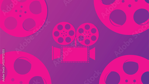 Magenta film reels and camera on a purple gradient background evoke a cinematic atmosphere of movies