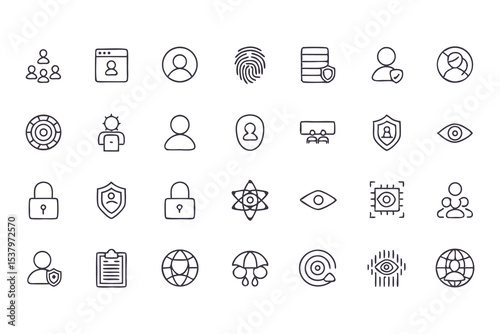 Set of privacy and data protection icons. vector line symbols for cybersecurity, user identification, secure access, and online privacy.