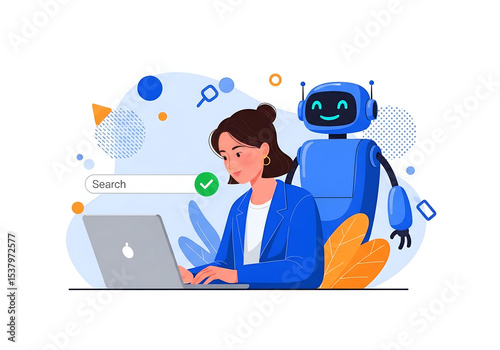 Search concept. Character using artificial intelligence generative tools for searching or browsing internet. Woman integrating with robot. SEO concept. Vector illustration.