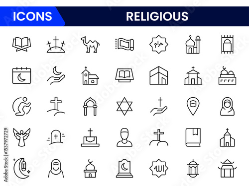 Sacred vector web line icons depicting religious symbols, faith, worship, spirituality, and diverse cultural beliefs with reverence and unity.