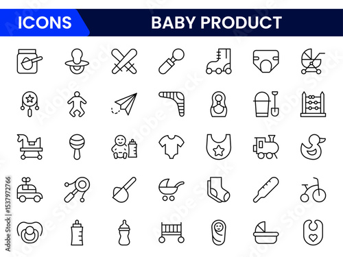 Adorable vector web line icons depicting baby products, diapers, bottles, strollers, and nurturing essentials for infant care and comfort.