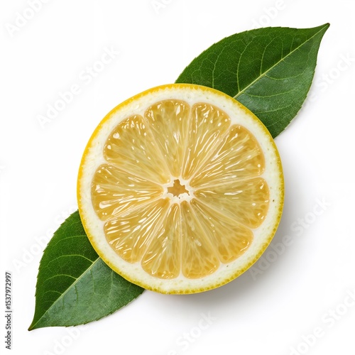 Fresh lemon slice resting on green leaves against a white background