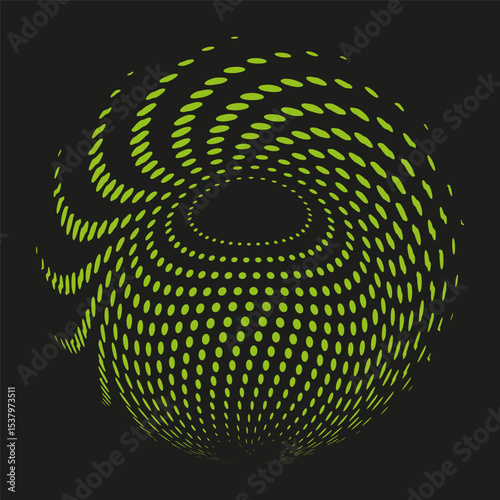 Spiral dot pattern. Hypnotic swirl design. Green particle vector. Rotating motion illusion.