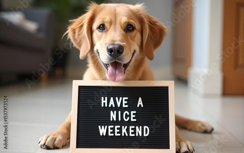 Funny portrait of cute dog with letter board inscription have a nice weekend word lying on floor. High quality