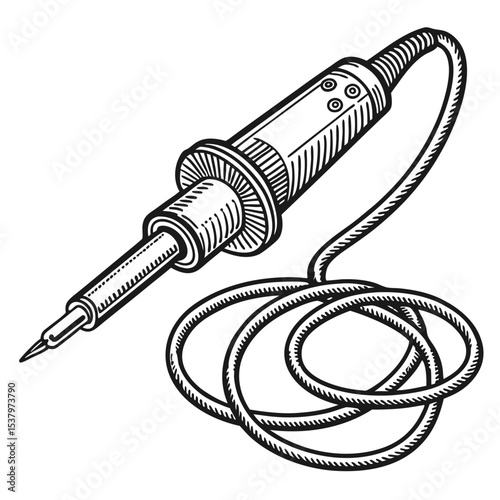 Monochrome Illustration of a Soldering Iron Tool with Coiled Cable