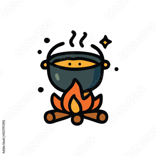 Illustration of a cooking pot over a campfire, with flames and smoke rising.