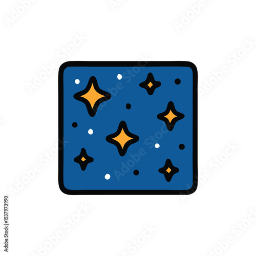 Night sky illustration, stars twinkling in dark blue square.