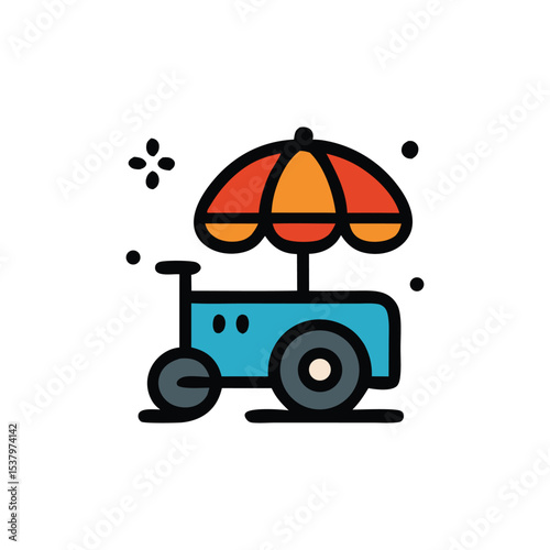 A stylized illustration of a colorful, small food cart with an umbrella.