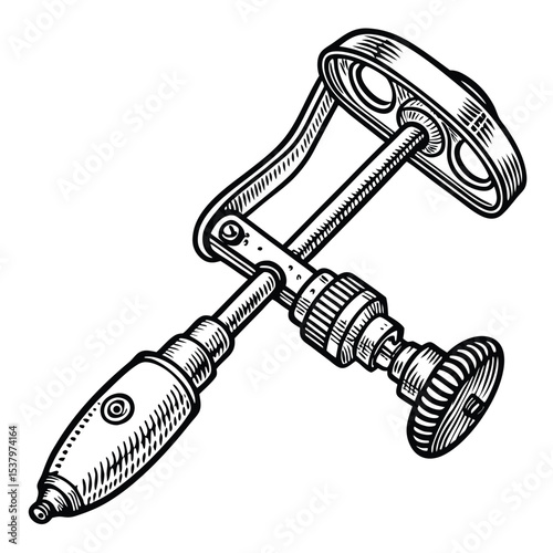 Vintage Hand Drill Illustration Depicting Traditional Manual Carpentry Tool Design