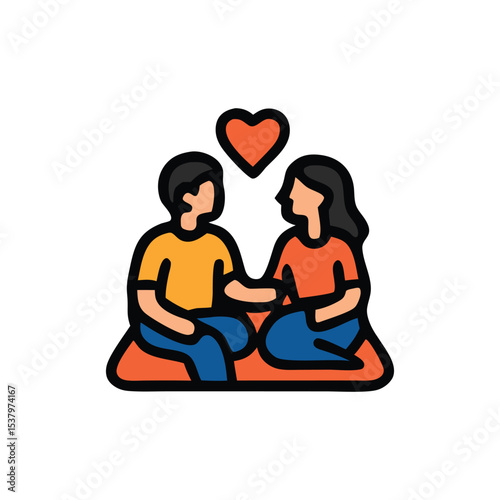 A young couple sits close, holding hands, with a heart above them, symbolizing love and affection.