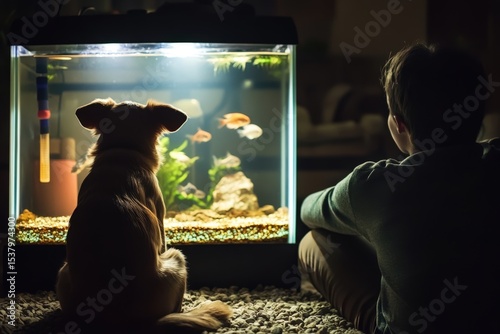 Man and Dog Watching Fish Tank Fictional Character Created By Generative AI photo
