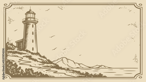 Illustration of a lighthouse on a hill with mountains and birds in the background in a decorative frame