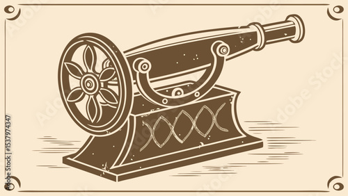 Illustration of an antique cannon with a spoked wheel and decorative base on a bordered background