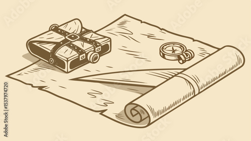 A vintage map with rolled edge next to a compass and a strapped box on a beige background color