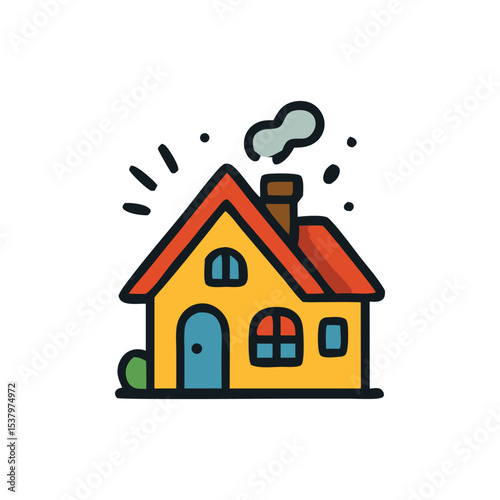 A cheerful cartoon illustration of a cozy yellow house with a red roof, emitting smoke from its chimney.