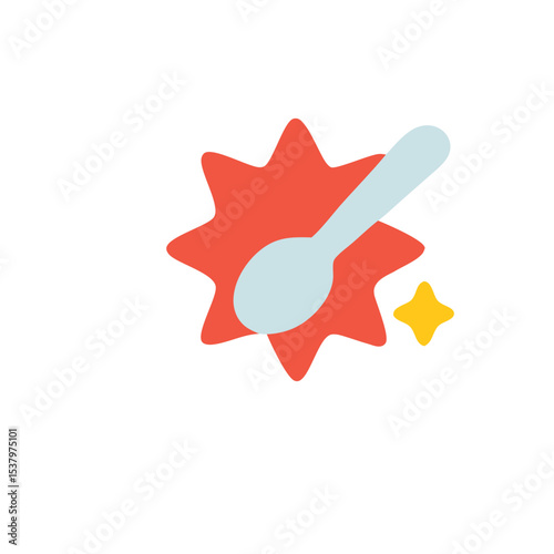 A light blue spoon rests on a red star shape, accompanied by a small yellow star, all on a white background.
