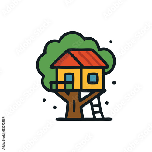 Colorful cartoon illustration of a treehouse nestled in a large tree.