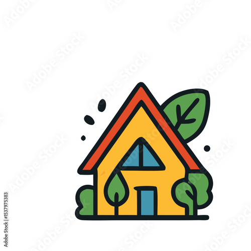 A cheerful cartoon house nestled amongst greenery, symbolizing home and nature.
