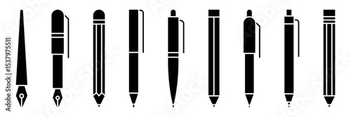 Pen and pencil line icon set. Marker and crayon drawing symbol. Sketching tools vector illustration isolated. Drawing pen, edit, notepad, writing ink mark icons. Writing pencil icons.