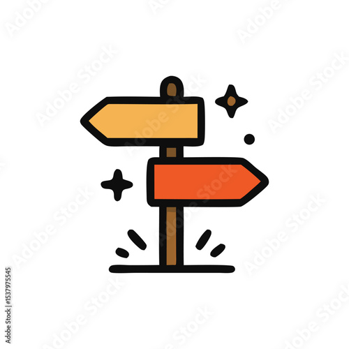 A simple, stylized illustration of a wooden directional signpost with two choices, suggesting options and decisions.