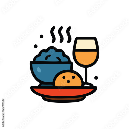 An illustration of a meal featuring a bowl of food, bread, and a glass of drink on a plate.