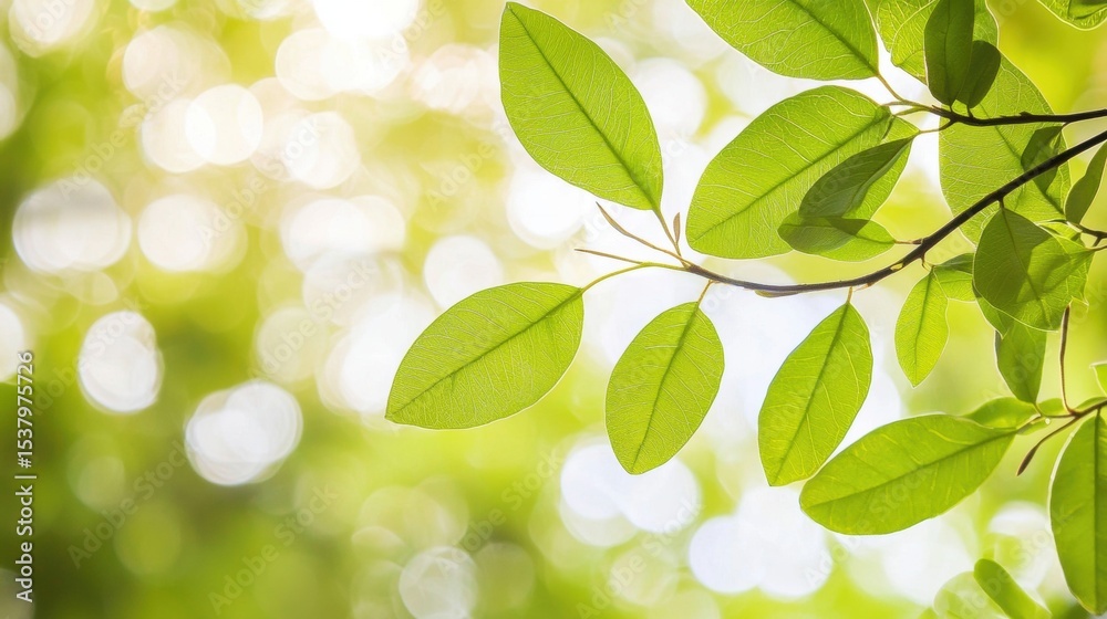 Fototapeta premium Lush Green Leaves on Branch with Blurred Sunlight Bokeh in Natural Background