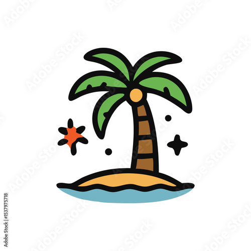 Cartoon illustration of a palm tree on a small island with stars.
