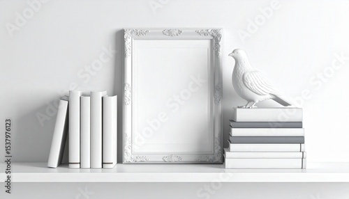 Monochrome Still Life Ornate Frame Dove Figurine and Stacked Books on White Shelf