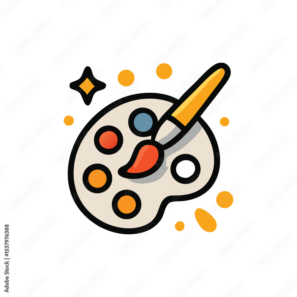 Obraz premium An illustration of an artist's palette with various colors and a paintbrush, surrounded by sparkling effects.