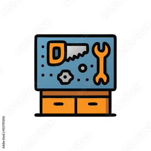 A simple illustration of a workbench with tools displayed.