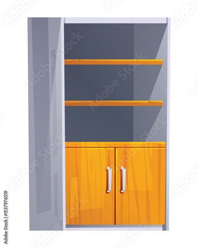 Wooden shelving unit with open shelves and two lower cabinet doors, ideal for books or display. Vector cartoon illustration