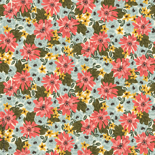 Beautiful splash of spring flowers and leaves forming a maximalist botanical pattern in vibrant colors of pink, blue, yellow and green on white background. Floral seamless vector pattern. Home decor.