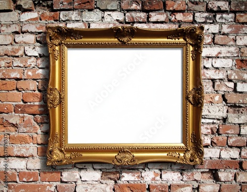 Ornate Gold Frame on Distressed Brick Wall Blank Canvas for Art Display
