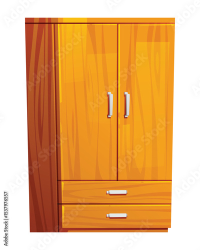 Classic wooden cupboard with two doors and bottom drawers, ideal for any rustic or traditional room. Vector cartoon illustration