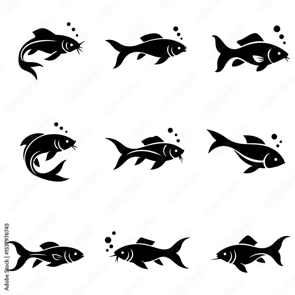 Naklejka premium A monochrome line art collection of various simple sea fish for minimalist and classic design work.