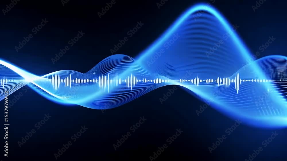 A modern abstract visual representation pulsating blue sound waves gracefully moving black background embodying concepts audio music voice recording