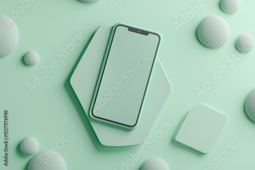 Floating Mint Green Smartphone Mockup in 3D Hexagonal Frame