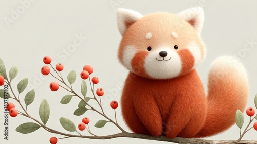 Cute cartoon red panda sitting on a branch with red berries
