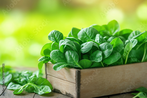 Fresh Green Spinach Leaves in Compostable Box on Bright Background