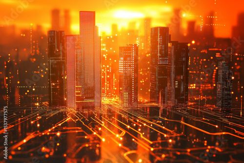 Futuristic Cityscape on Circuit Board, Glowing Orange Skyscrapers and Digital Networks
