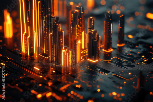 Futuristic Cityscape on Circuit Board, Glowing Orange Skyscrapers and Digital Networks