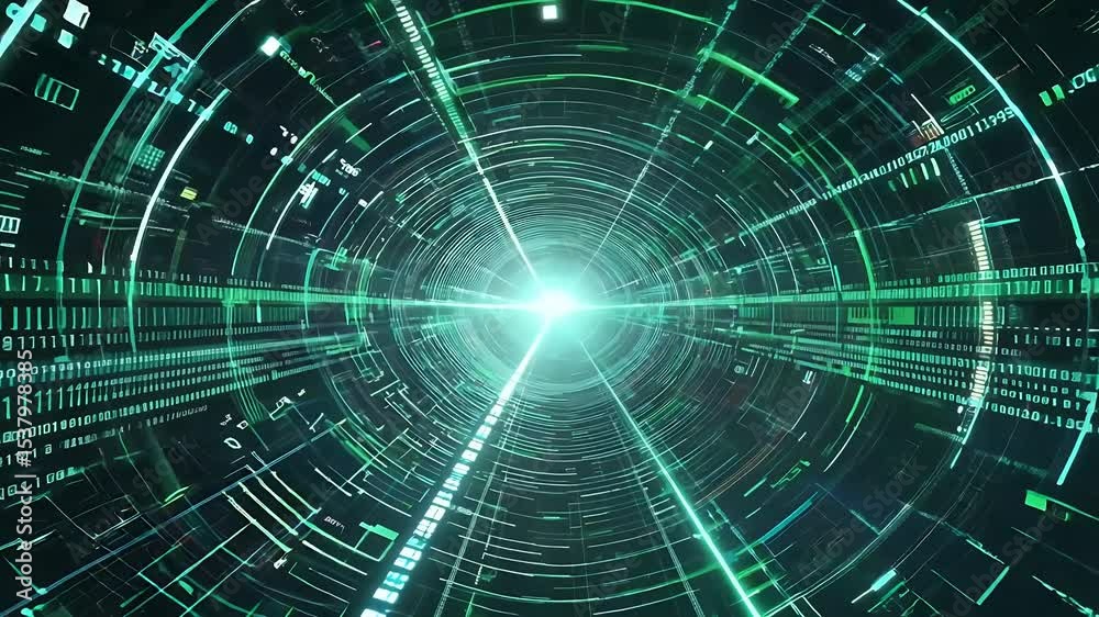 Seamless 3D animation digital network tunnel featuring endless streams data matrix points moving green futuristic technology ed environment