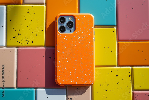 Orange Speckled Phone Case on Colorful Square Tiles