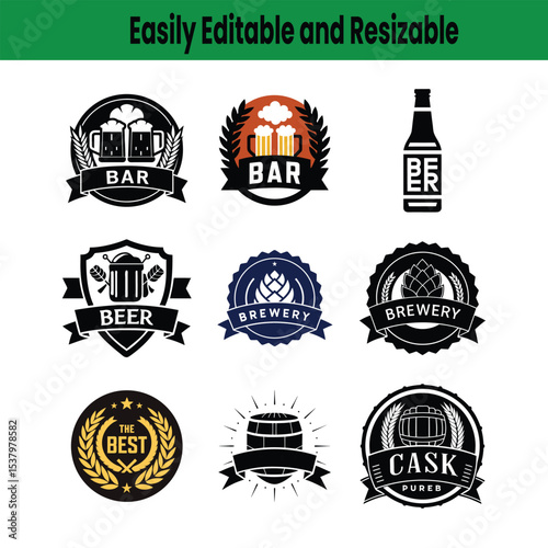 Beer, logo, retro, brewery, bar, craft beer, alcoholic, drink, beverage, and retro Vintage Beer Logos and Badges Set, Nine editable and resizable beer and brewery logos in vector.