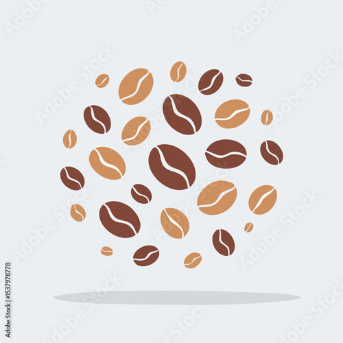 Flat Vector Top View of Multiple Roasted Coffee Beans Scattered Randomly – Clean Outline Style Perfect for Packaging, Cafes, Coffee Shop Branding, and Seamless Pattern Design

