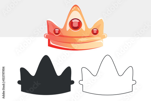 Royal Crown Vector Icon Set | Full Color, Outline & Silhouette This vector illustration features a glossy, royal crown adorned with vibrant red gems. Perfect for game icons, kids’ party.