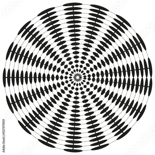 Radial dot rays. Circular burst shape. Vector symmetry pattern. Optical illusion background.